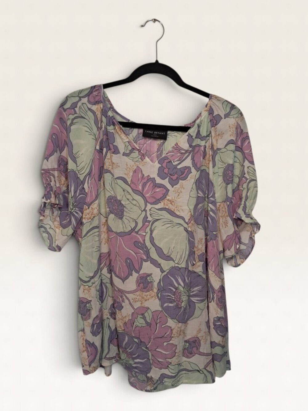 Lane Bryant 14/16 Womens Floral V-Neck Short Sleeve Cuffed Peasant Blouse Top